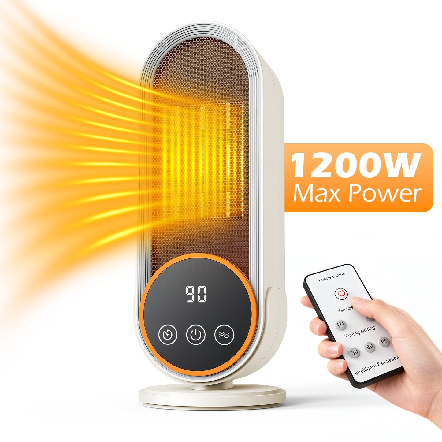1200W Tower Heater, Ceramic Space Heater with Thermostat, 3D Realistic Flame Effect and Remote Control, 3 Modes, Overheat and Tip-Over Protection, Suitable for Home/Living Room