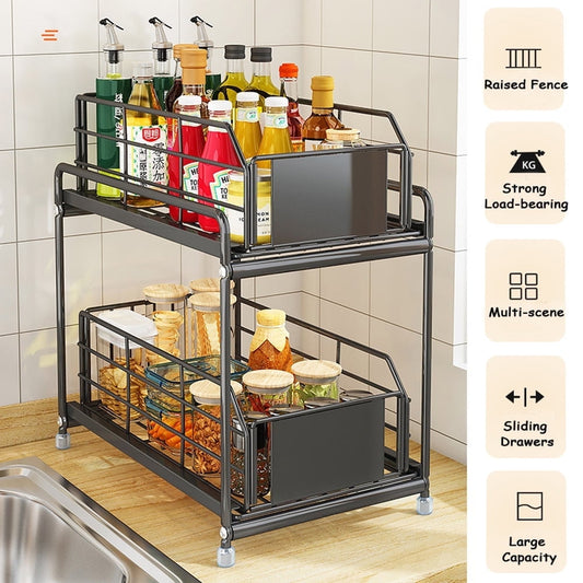 Sliding Cabinet Basket Organizer, Bathroom Organizer Under Sink Shelf, Under Kitchen Cabinet Organizer, 2 Tier Multi-purpose Under Sink Storage Rack, Black