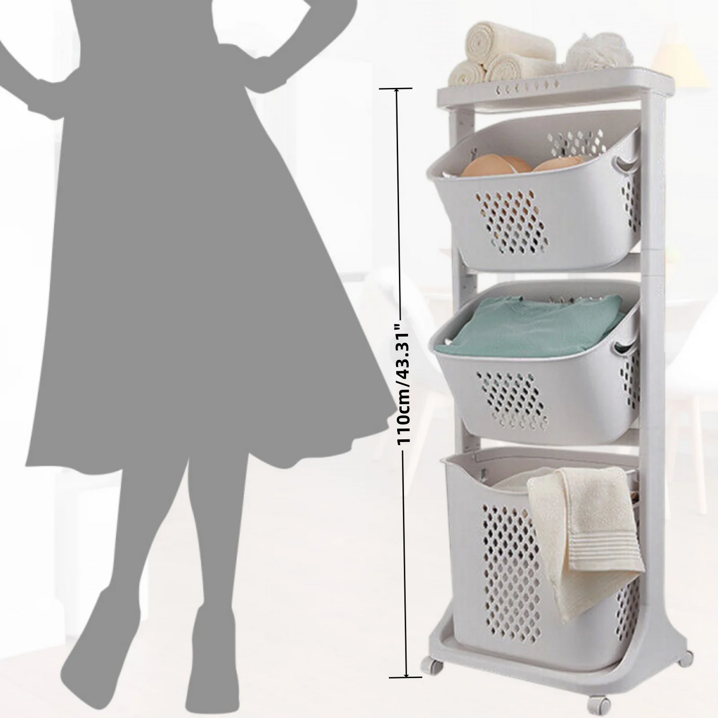 17"×13"×43" 3-Tier Laundry Hamper Basket Sorter with Wheels Small Clothes Storage Organizer Shelf Rolling Cart for One Person