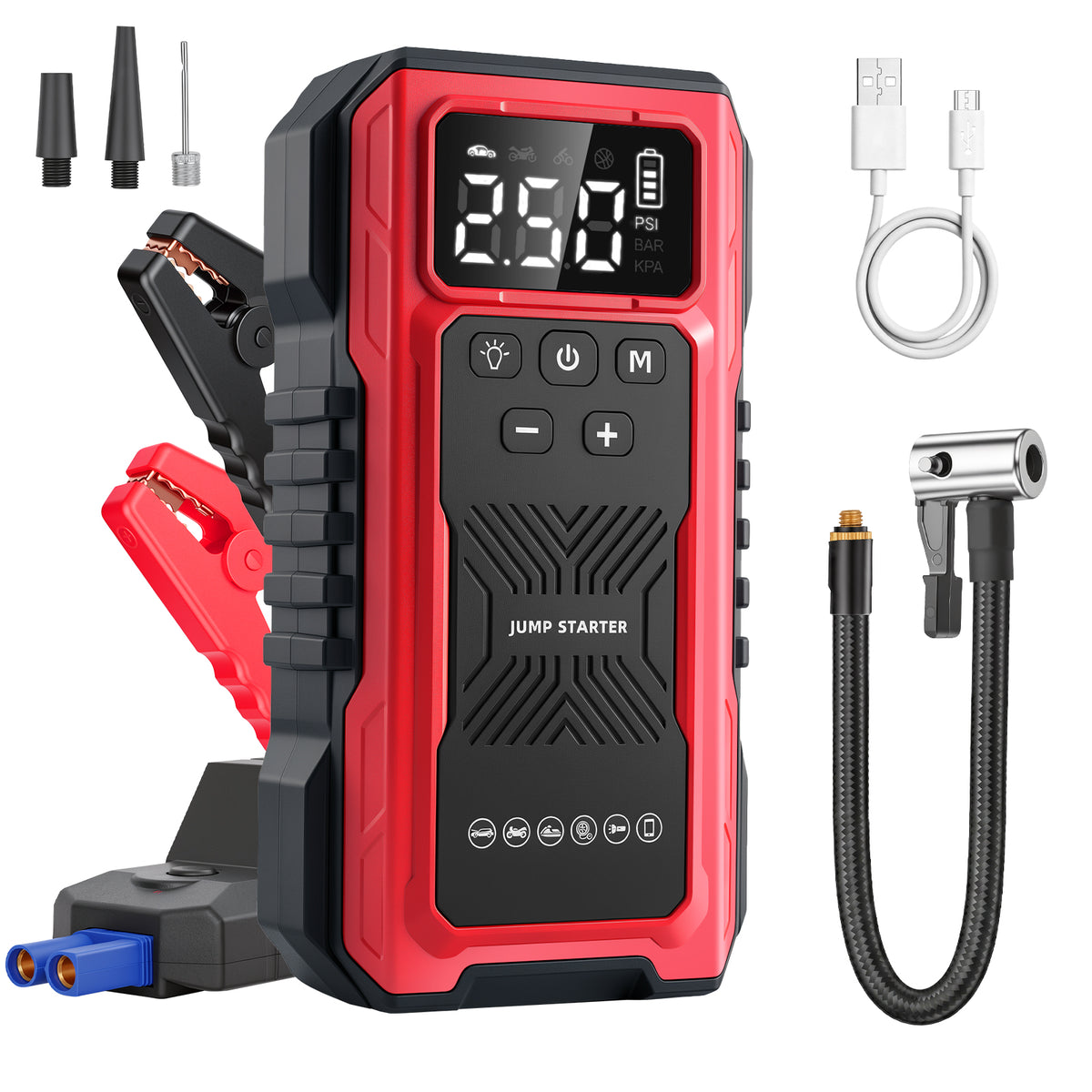 1200A Peak Car Battery Jump Starter with Tire Inflator, Portable 4?in?1 Jump Starter with USB Output & 150 PSI Air Compressor, 12V Jump Pack with Full?Screen LED Display and SOS Emergency Light, Red