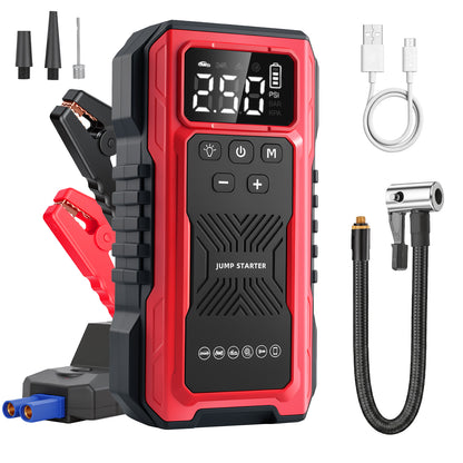 1200A Peak Car Battery Jump Starter with Tire Inflator, Portable 4?in?1 Jump Starter with USB Output & 150 PSI Air Compressor, 12V Jump Pack with Full?Screen LED Display and SOS Emergency Light, Red