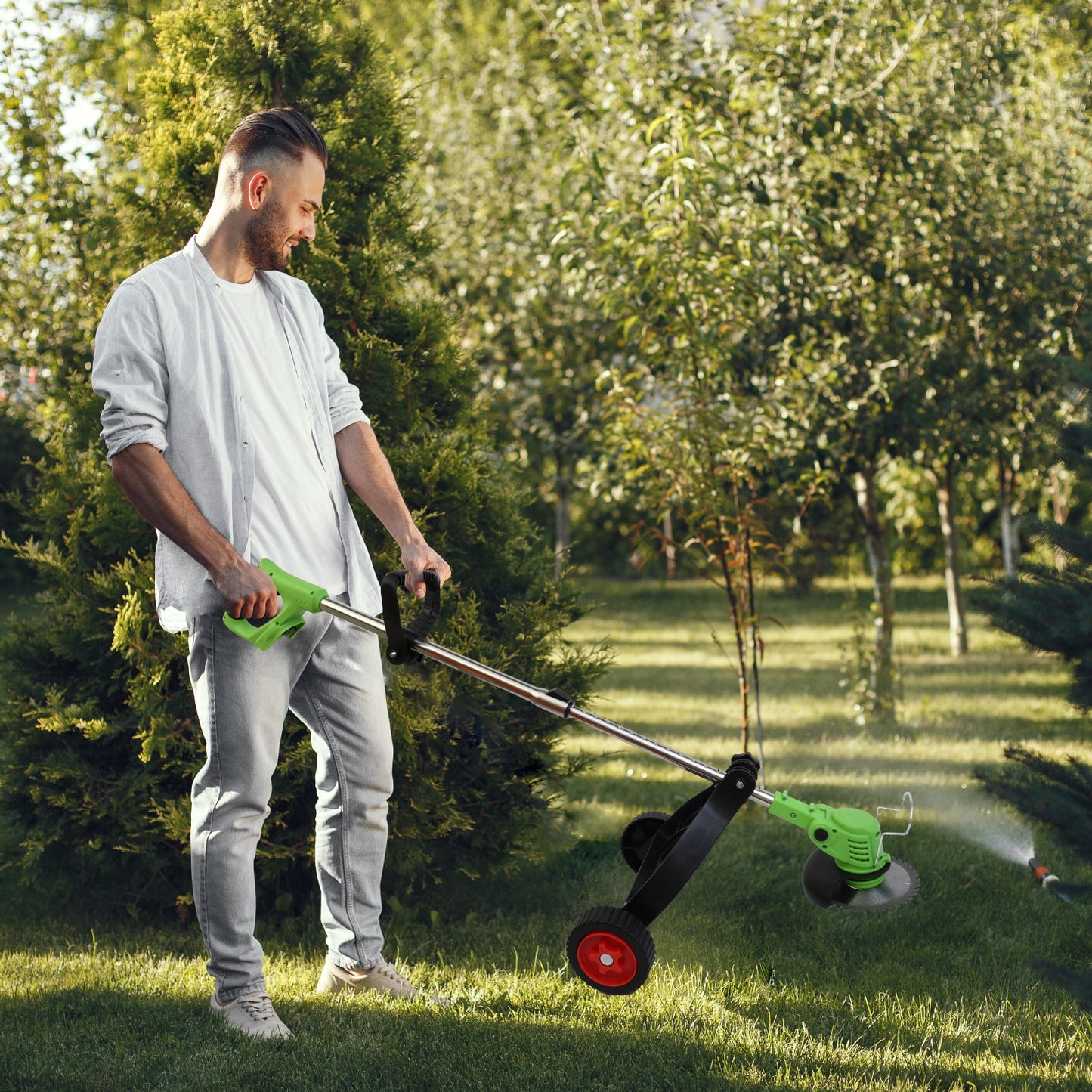 BAOKALER Electric Weed Eaters Cordless, Battery Powered Weed Wacker with Charger, Grass Trimmer with Supporting Wheels, Grass Cutting Machine with 2 Batteries for Yard and Garden, Green