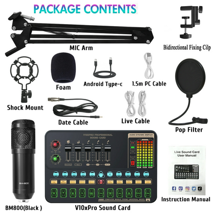 Podcast Equipment Bundle W/V10XPRO Sound Card, BM800 Condenser Microphone Bundle for YouTube TikTok Live Streaming Vlog, Recording Studio Package with Voice Changer, Bluetooth 5.0, Black