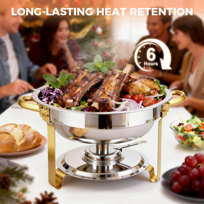 Chafing Dish Buffet Set with 4 Food Tongs, 6 QT Stainless Steel Chafing Dishes Round Buffet Food Warmer Chafers Set for Parties Catering Event, Lid Holder 4PCS