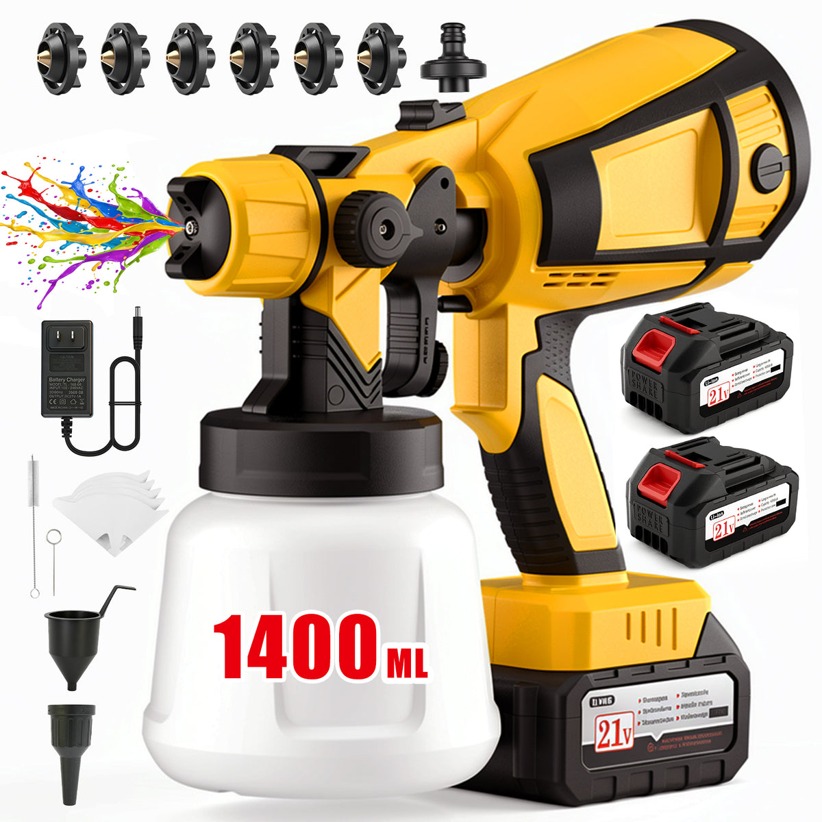 BAOKALER Cordless Paint Sprayer, Electric Spray Paint with 1400ml Container and 2×4.0Ah Batteries for Home Interior & Exterior, Furniture, Fence, Walls, Door, Garden Chairs, Yellow