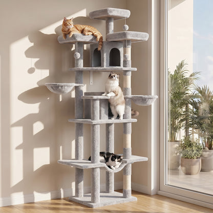 80" Cat Tree, Big Cat Tower for Multiple Adult Cats, Multi-Level Tall Cat Tree with 3 Platforms, 2 Condos, 2 Hanging Basket, Hammock and Scratching Frame for Indoor Kitties, Light Gray