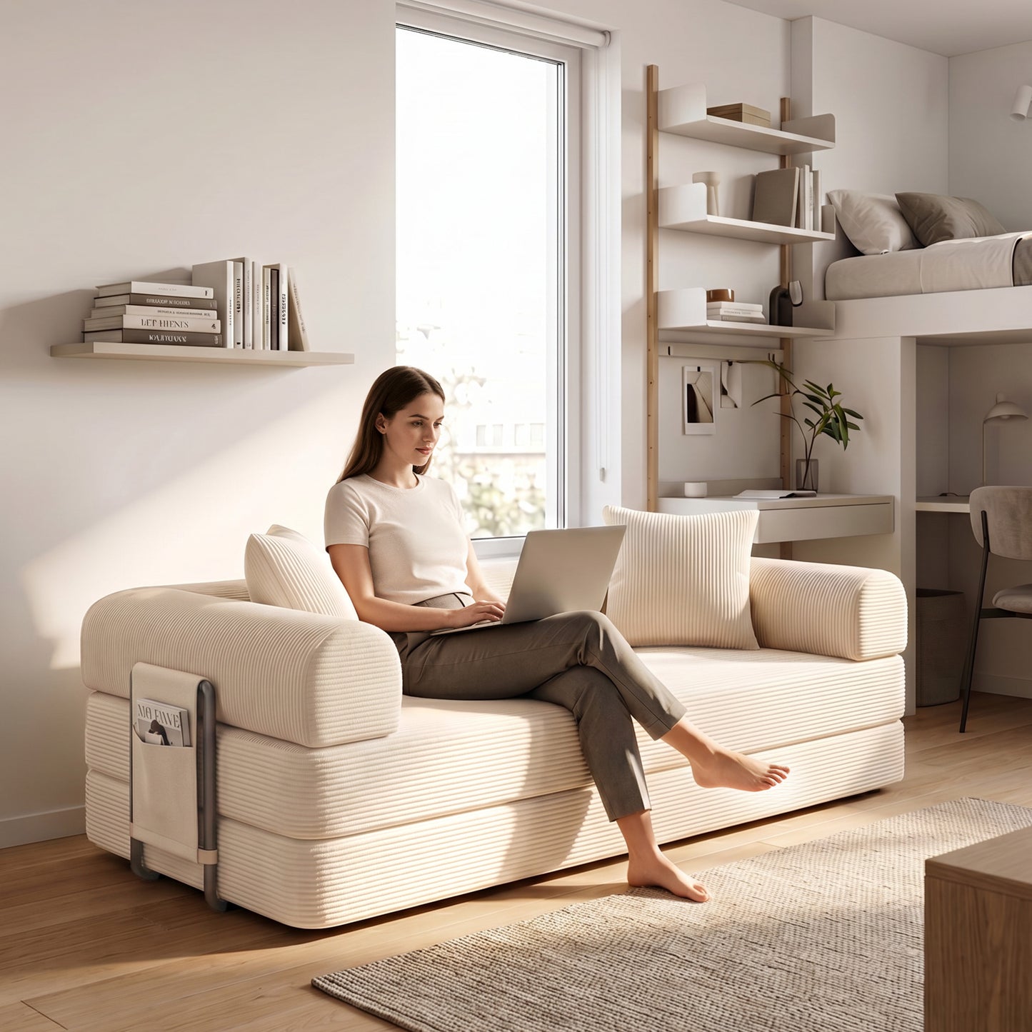 CATGOOD 78" Convertible Sofa Bed with Storage Bag, Sectional Couch for Living Room, Sleeper Loveseat Free Assembly, White