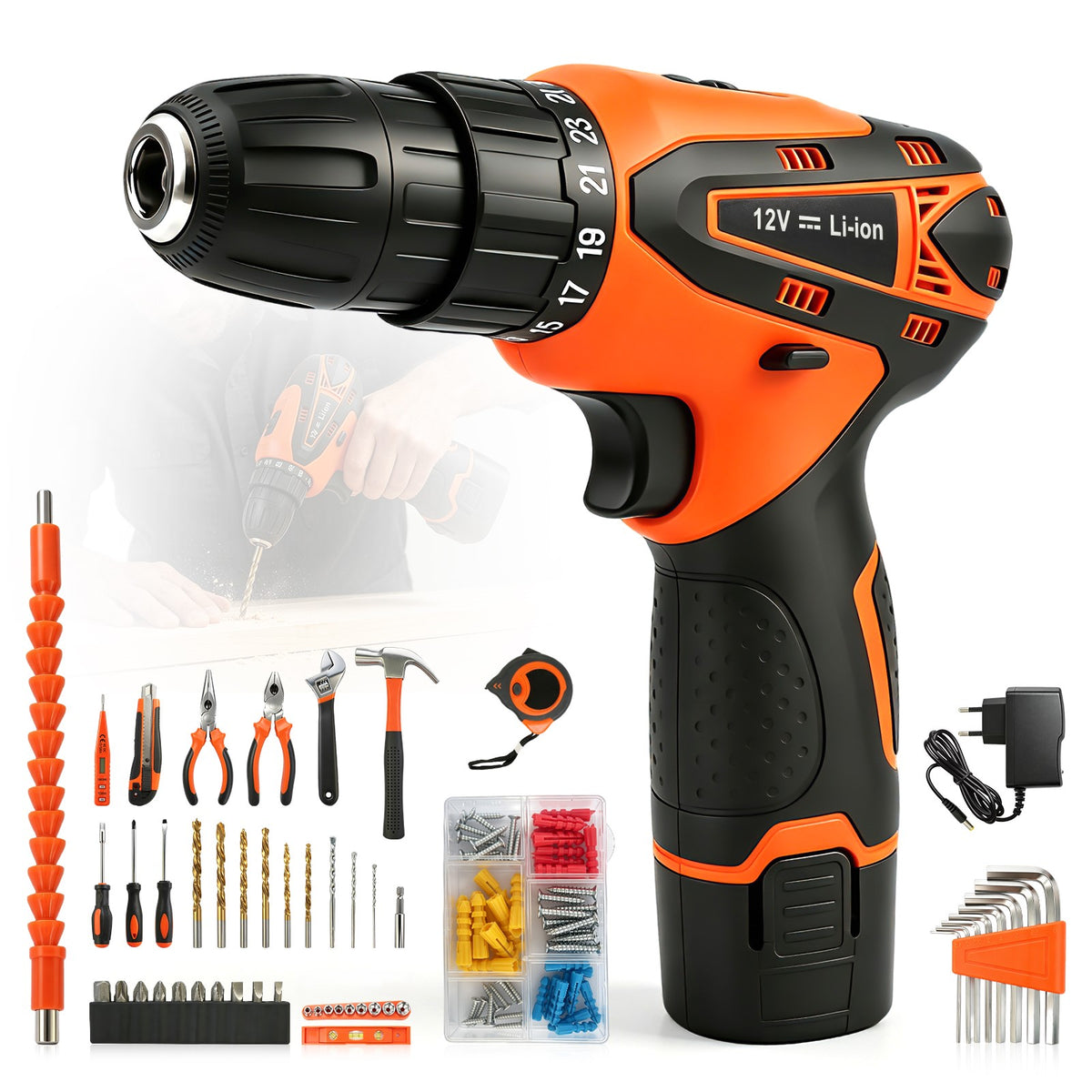 Power Tool Set, Cordless Drill Tool Box with 12V Battery Electric Drill Driver, 115Pcs Hand Tool Kit for Home Hand Repair Power Tools Sets Drills Case