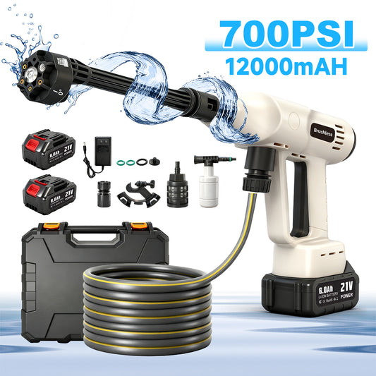 Cordless Pressure Washer, 700PSI Portable Power Washer with LED Display, 2.1GPMPower Cleaner with 6-in-1 Adjustable Nozzle, 16.4ft Hose for Cars/Patios, White