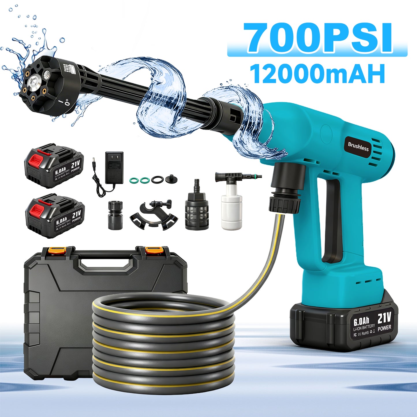 Cordless Pressure Washer, 700PSI Portable Power Washer with LED Display, 2.1GPM Power Cleaner with 6-in-1 Adjustable Nozzle, 16.4ft Hose for Cars/Patios, Blue