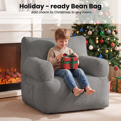 BAOKALER Kids Bean Bag Chair, Filled with Memory Foam, Toddler Kids Floor Lazy Sofa with Side Pocket, Lightweight Comfort Lounge Chair for Gaming, Reading, Relaxing, Gray
