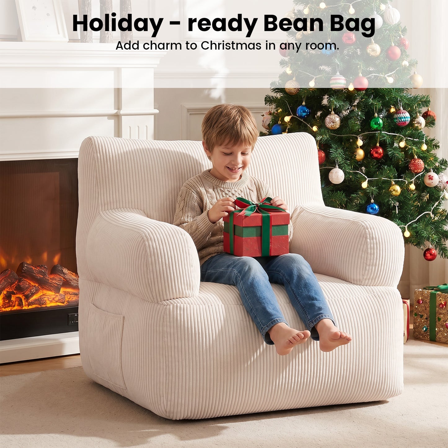 BAOKALER Kids Bean Bag Chair, Filled with Memory Foam, Toddler Kids Floor Lazy Sofa with Side Pocket, Lightweight Comfort Lounge Chair for Gaming, Reading, Relaxing, Beige