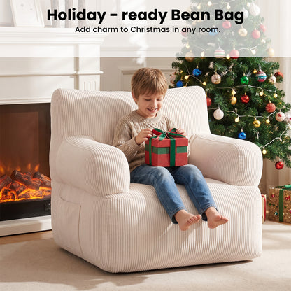 BAOKALER Kids Bean Bag Chair, Filled with Memory Foam, Toddler Kids Floor Lazy Sofa with Side Pocket, Lightweight Comfort Lounge Chair for Gaming, Reading, Relaxing, Beige