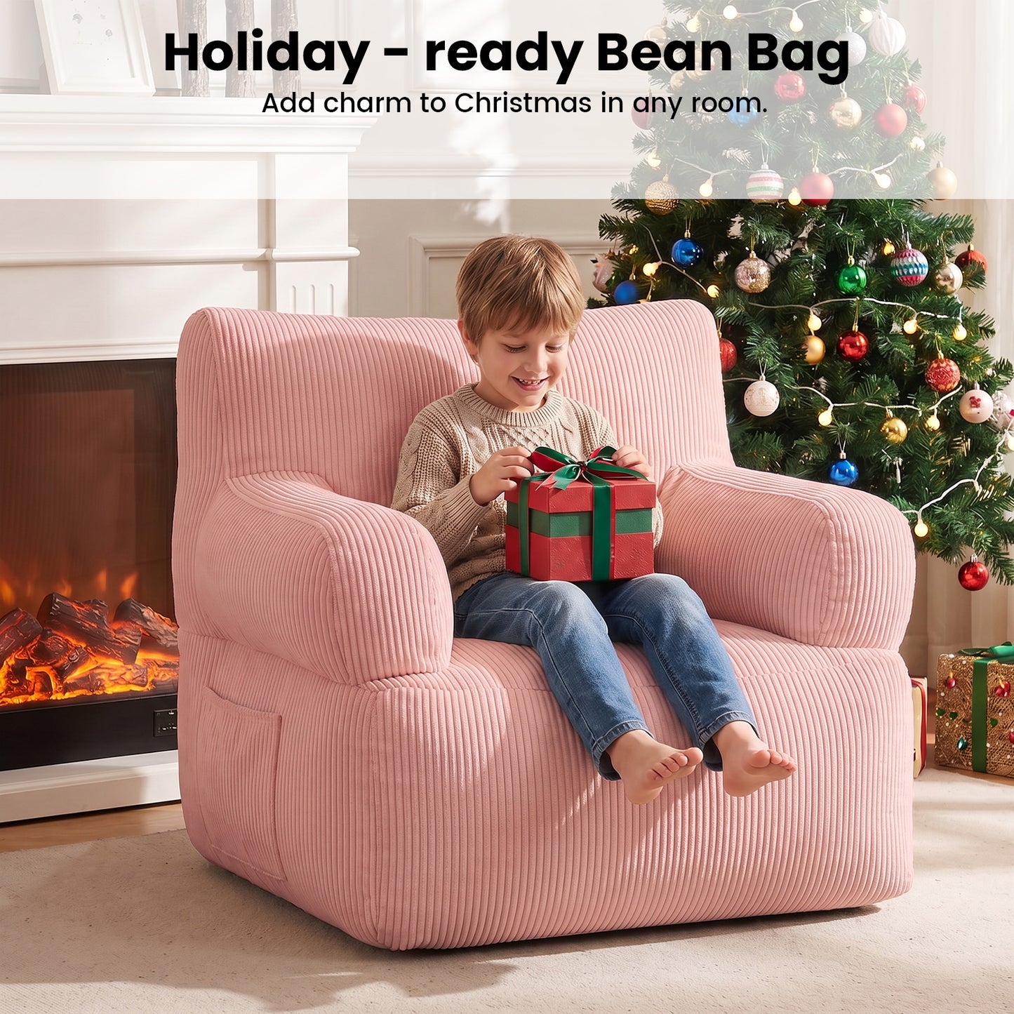 BAOKALER Kids Bean Bag Chair, Filled with Memory Foam, Toddler Kids Floor Lazy Sofa with Side Pocket, Lightweight Comfort Lounge Chair for Gaming, Reading, Relaxing, Pink