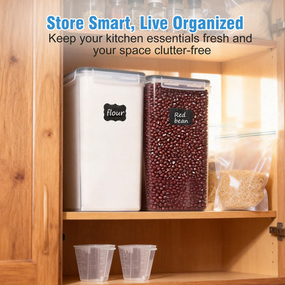 9.5L (6-Pack) Glass Grain Storage Containers with Airtight Lids, 6 Chalkboard Labels with 1 Marker，6 Measuring Cups, Transparent Pantry Organization for Cereals, Pasta, Flour & Dry Food