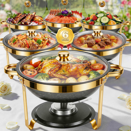 Black Chafing Dishes for Buffet with Glass Lid (5.3QT, 6Pack), Maifanite-Coated Round Chafing Dish Set Mirror-Polished Stainless Steel, Stackable, Lid Holder for Party, Wedding
