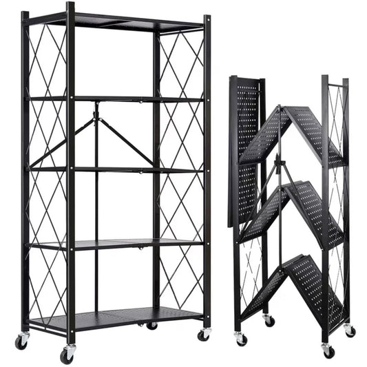 Storage Shelves, 5-Tier Foldable Metal Shelf with Lockable Wheels, Kitchen Rolling Cart, Metal Garage Shelf No Assembly, Large Capacity Utility Cart for Garage, Kitchen Basement Pantry, Black
