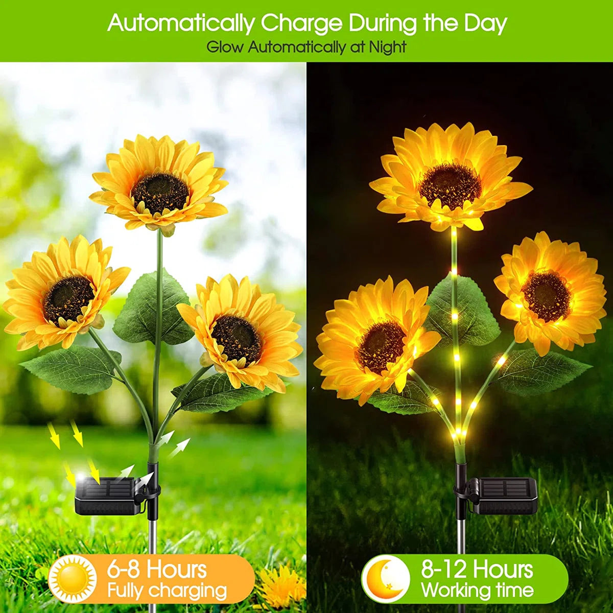 TopZoo 2PCS Solar Lights Outdoor, Three Head LED Sunflower Garden Lights, Waterproof, Auto On/Off Garden Decor Lights for Yard, Pathway, Patio, Porch