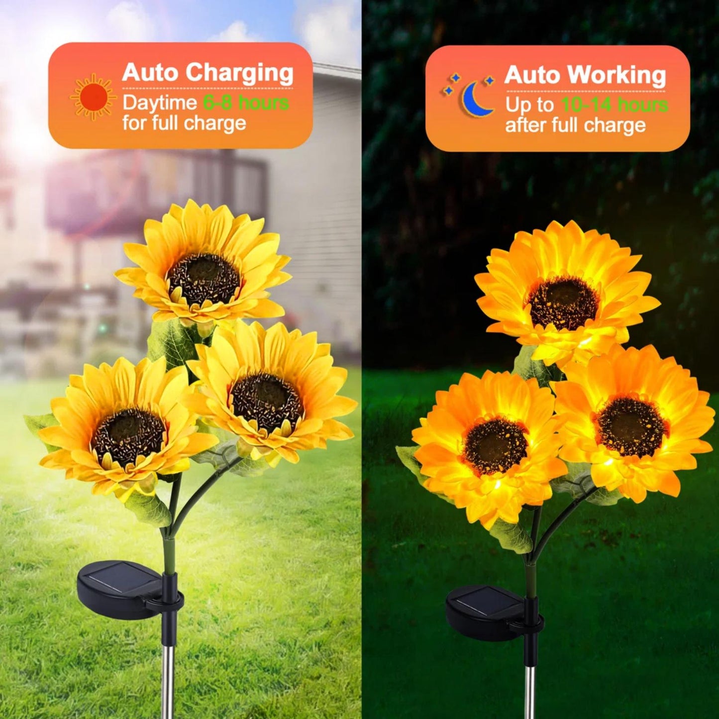 TopZoo 2PCS Solar Lights Outdoor, Three Head LED Sunflower Garden Lights, Waterproof, Auto On/Off Garden Decor Lights for Yard, Pathway, Patio, Porch