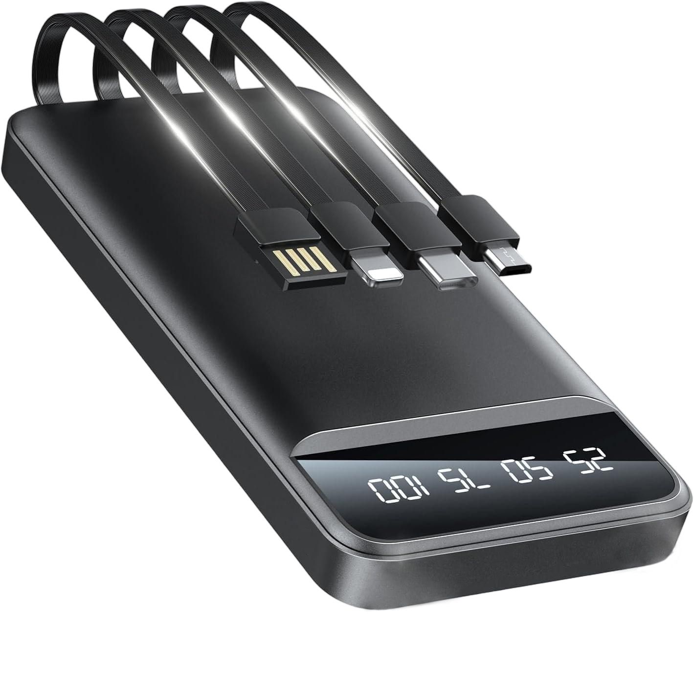 20000mAh Power Bank Portable Fast Charger with 4 Cables, Compatible with iPhone & Samsung, High-Speed Charging Battery Pack, USB-C Cables, Black