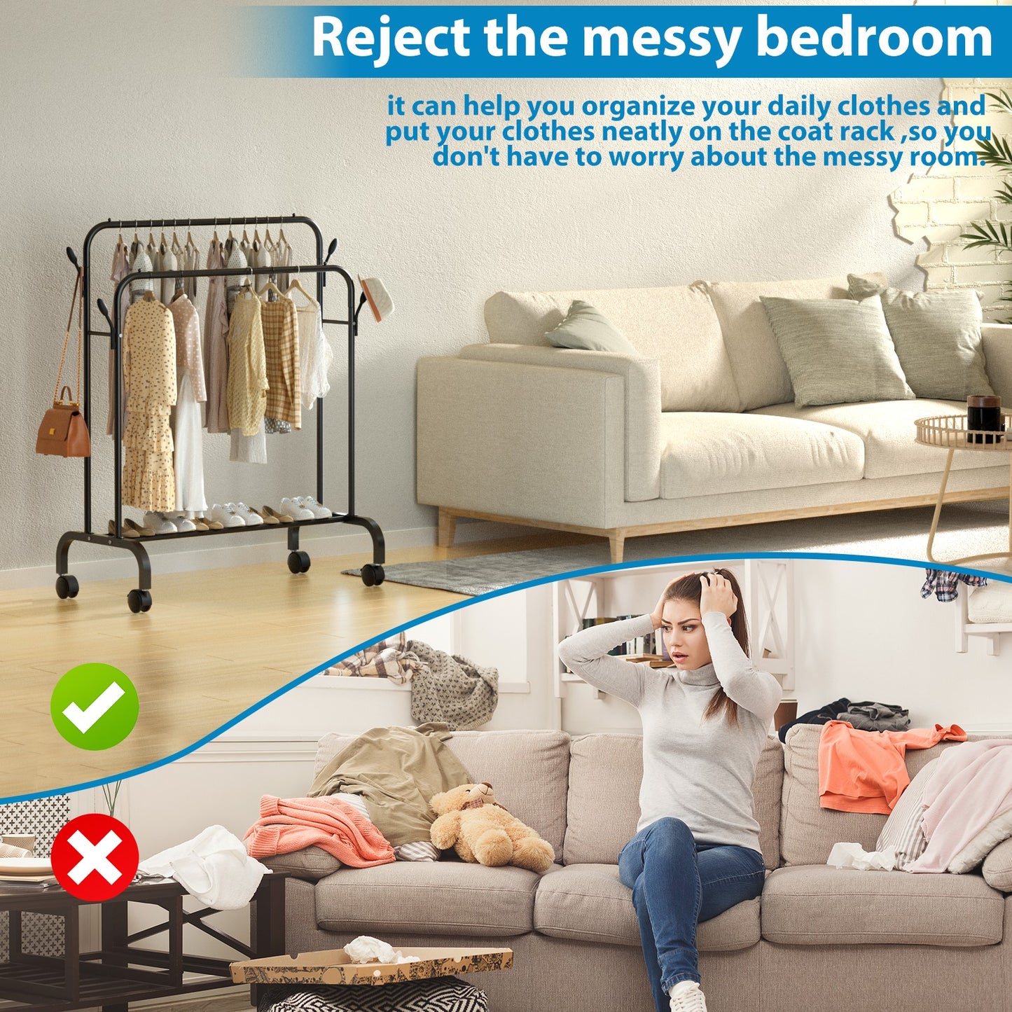 Clothes Rack for Hanging Clothes, Double Rods Clothes Rack with Wheels, Multi-functional Clothing Rack for Bedroom, 4 Hooks