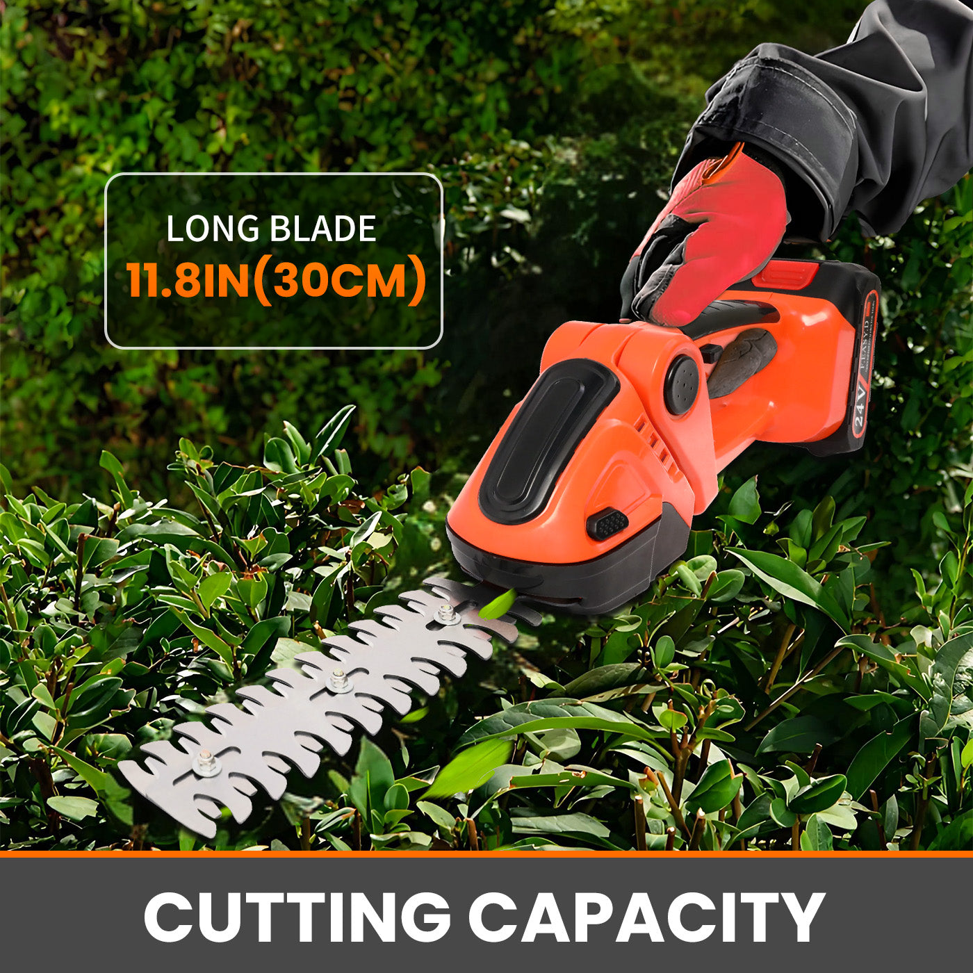 2-in-1 Cordless Hedge Trimmer, 24V Electric Hedge Trimmer with 2 Batteries and Charger for Garden and Lawn Maintenance, Orange