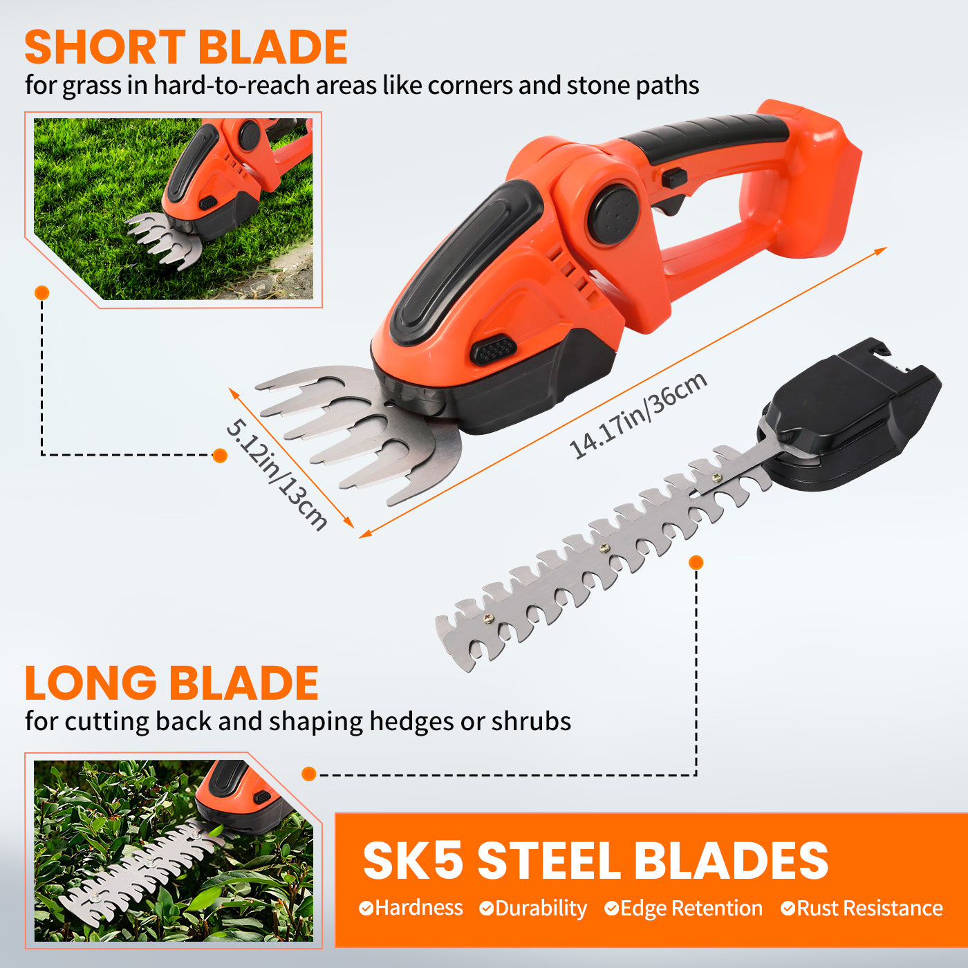 2-in-1 Cordless Hedge Trimmer, 24V Electric Hedge Trimmer with 2 Batteries and Charger for Garden and Lawn Maintenance, Orange