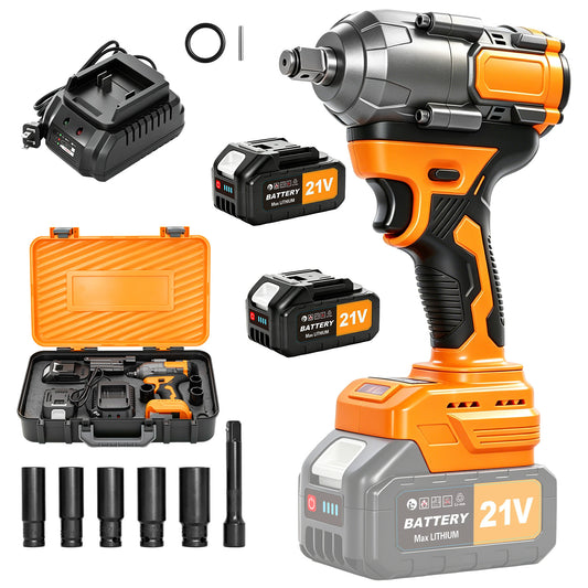 1000Nm Cordless Impact Wrench, 21V Impact Wrench 1/2 inch, High Efficiency Brushless Motor with Fast Charger and 2 x 3.0Ah Battery