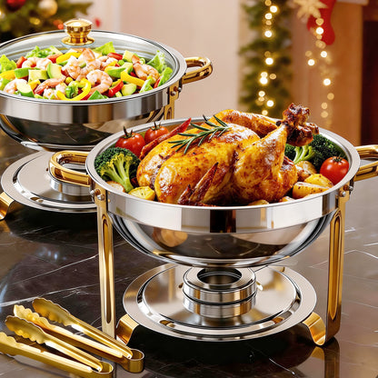 CATGOOD Chafing Dishes for Buffet 2 Pack, 5.3QT Round Chafing Dish Buffet Set for Parties, Gold Stainless Steel Buffet Servers and Warmers with 2 Serving Tongs