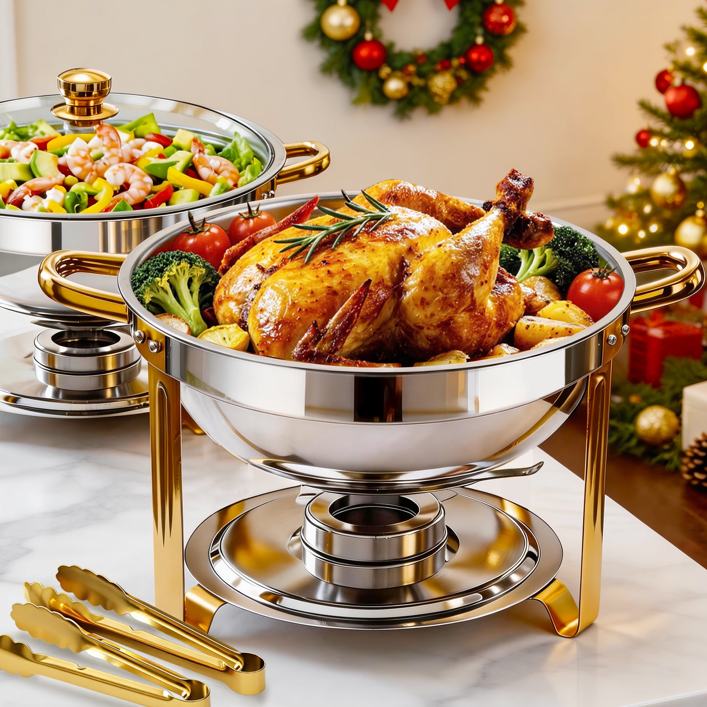 CATGOOD Chafing Dishes for Buffet 2 Pack, 5.3QT Round Chafing Dish Buffet Set for Parties, Gold Stainless Steel Buffet Servers and Warmers with 2 Serving Tongs