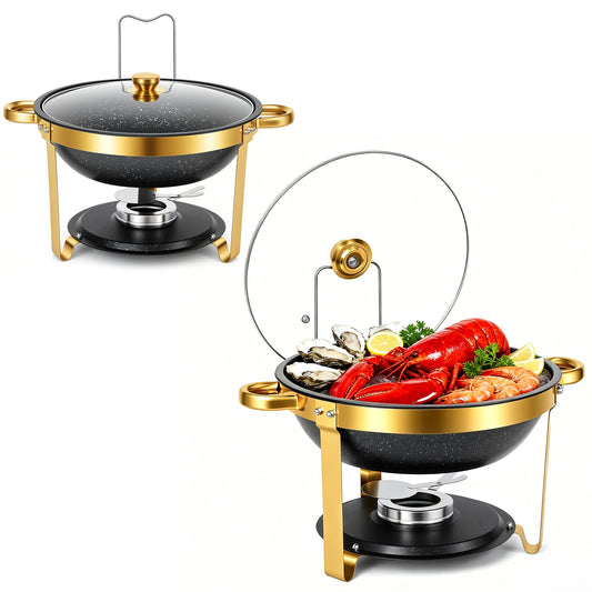 Black Chafing Dishes for Buffet with Glass Lid (5.3QT, 2Pack), Maifanite-Coated Round Chafing Dish Set Mirror-Polished Stainless Steel, Stackable, Lid Holder for Party, Wedding