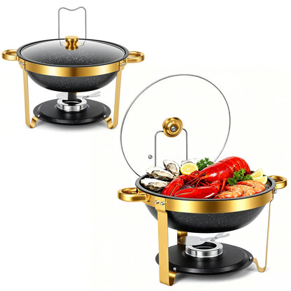 5.3QT Chafing Dishes for Buffet with Glass Lid , Maifanite-Coated Round Chafing Dish Set Mirror-Polished Stainless Steel, Complete Food Warmers for Catering Events & Home Parties(Black-2PK)