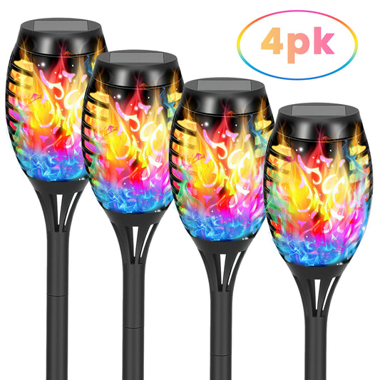 Flickering Flame Solar Lights Outdoor Decorative, 4 Pack Solar Garden Stake Lights Color Changing, Solar Torch Lights Outside for Yard, Patio, Garden, Pathway