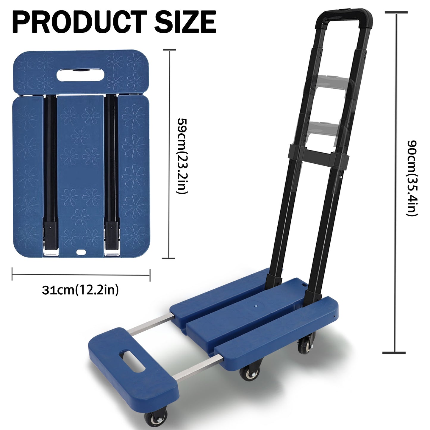 Folding Hand Truck, Heavy Duty Dolly Cart, Push Dolly Cart Foldable Platform with 6 Wheels, Blue