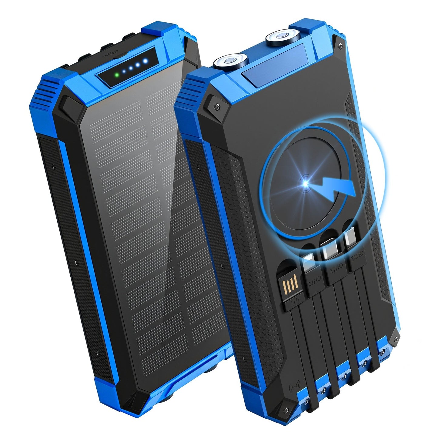 Power Bank Wireless Charger 46800mAh Built in 4 Cables Six Outputs 15W Fast Charging Power Bank for All Mobile Devices Three Inputs Solar Portable Charger with Dual Flashlights, Carabiner(Blue)