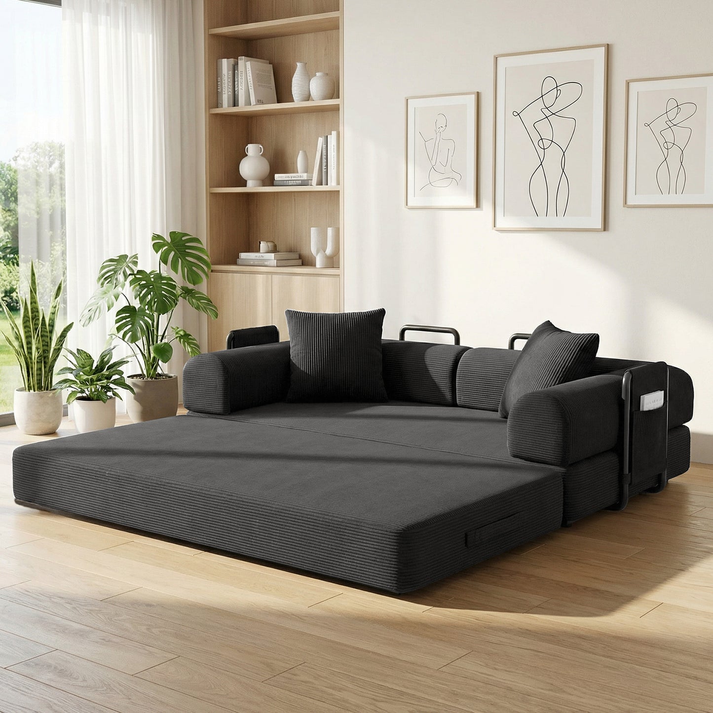 CATGOOD Sectional Couch for Living Room, Convertible Sofa Bed with Soft Corduroy, 78 Inch Modular Futon Couch Free Assembly, Gray