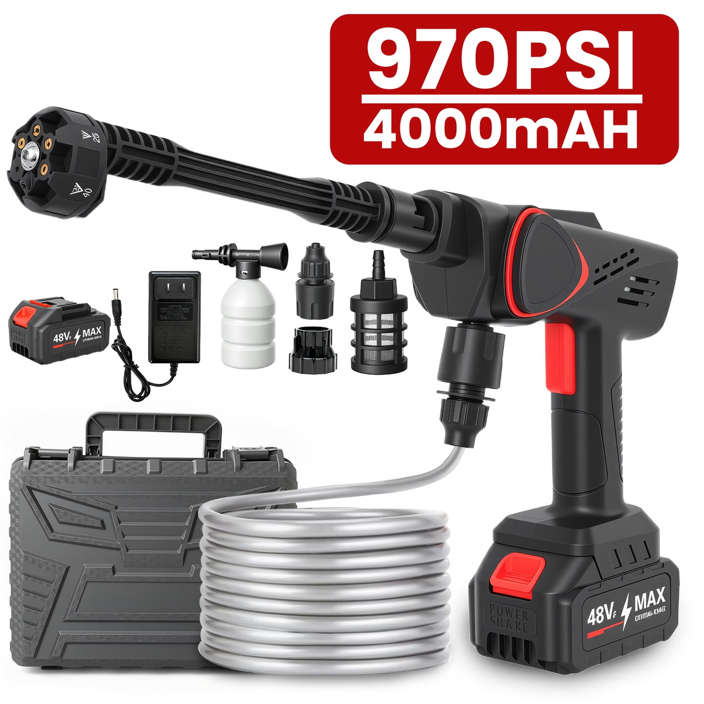 BAOKALER Cordless Pressure Washer, 970PSI Portable Power Washer with 4AH Battery, 6 in 1 Nozzle Electric High Power Washer with Brushless Motor, Black