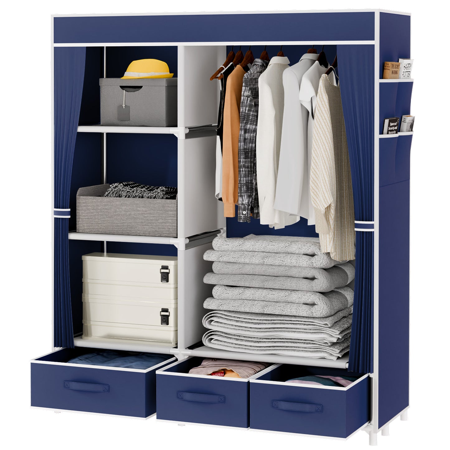 BAOKALER Closet Organizers and Storage with 3 Drawers and 4 Side Pockets, Tool-Free Assembly Clothes Organizer for Bedroom, Living Room, Closet, Garage, Dorm, Navy Blue