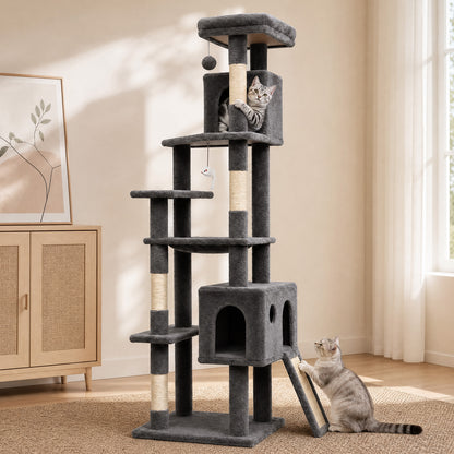 70" Cat Tree Tower, Heavy Duty Cat Tower for Multiple Adult Cats, Multi-Level Tall Cat Tree with 2 Condos, Hammock and Scratching Post for Indoor Kitties, Dark Grey