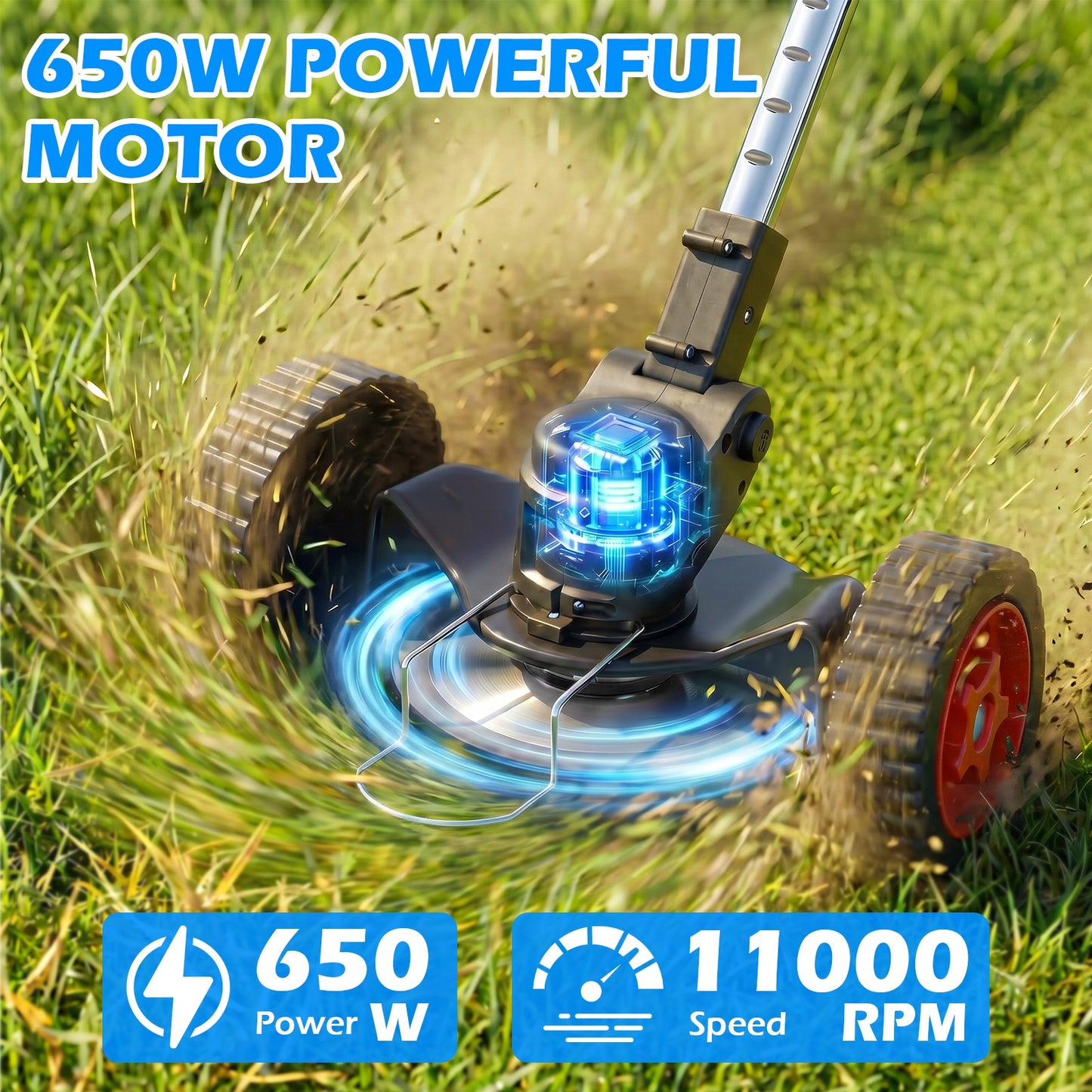 Weed Eaters, Cordless Weed Trimmer with Wheels, 2Pcs 4000mAh Batteries, Adjustable Length, 650W Grass Trimmer/Edger/Brush Cutter for Lawn Yard Garden Maintaining (Black)