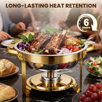 CATGOOD 2 Pack with Tongs 6QT Round Chafing Dishes for Buffet, Buffet Servers & Warmers with Glass Lids & Gold Stands, Thickened Edge, Side Lid Rest for Weddings