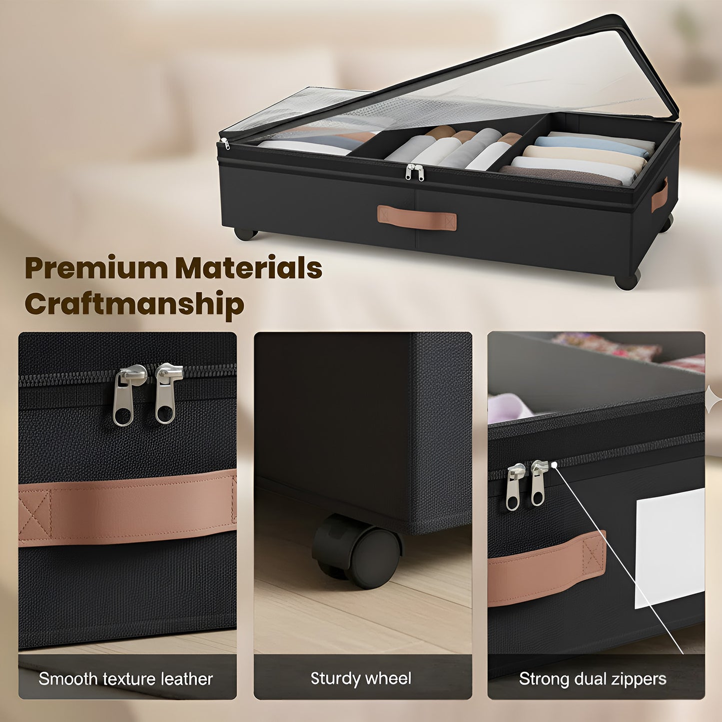 Under Bed Storage with Wheels, 2 Packs Large Underbed Organizer with Lid, 10'' Adjustable Height Shoes Containers Clothes Rolling Bin for Bedroom Dorm, Black