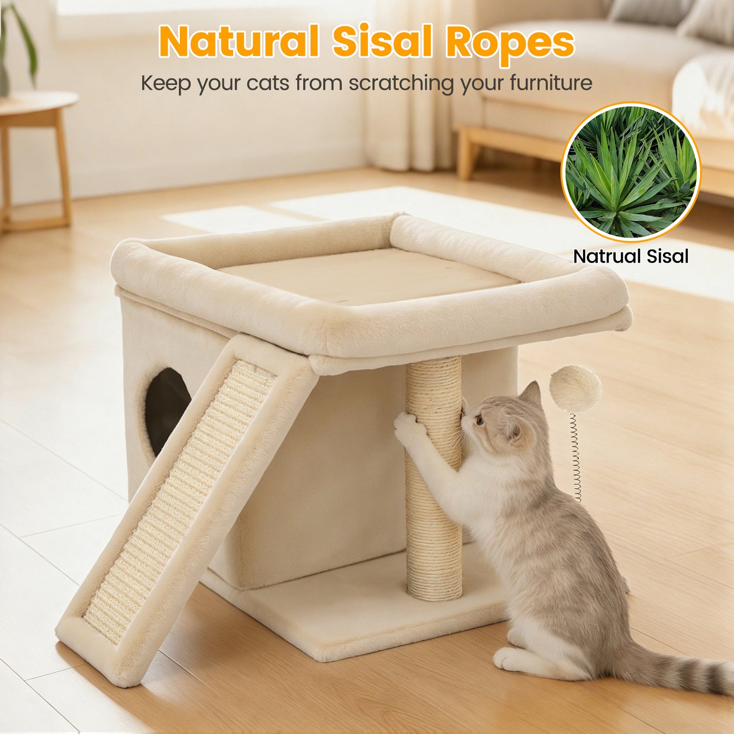 Cat Tree Tower with Perch Bed and Washable Top, Cat Tree with Sisal Scratching Posts, Condos, Plush Perches, Hanging Cat Toys, Extended Platform for Cats to Play and Sleep, Beige