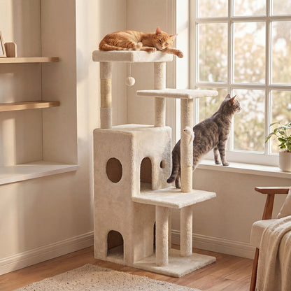 50-inch Large Cat Tree for Adult Cats, Multi-Level Cat Condo with 2 Cozy Caves, Steps, Sisal Scratching Posts & Toys, Beige