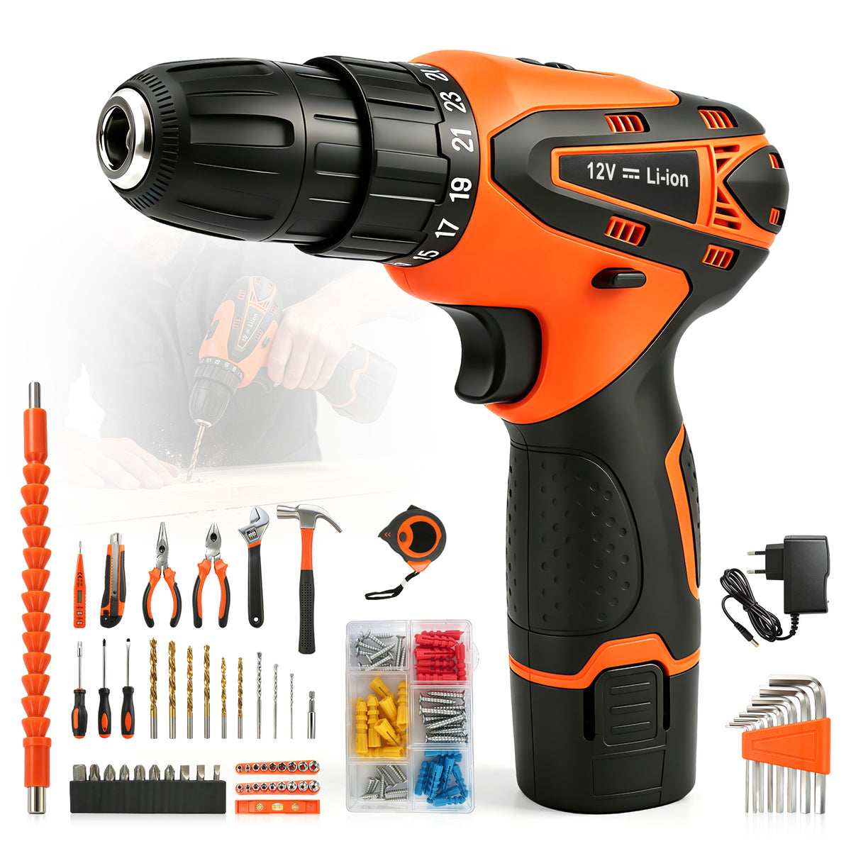 Power Tool Set, Cordless Drill Tool Box with 12V Battery Electric Drill Driver, 115Pcs Hand Tool Kit for Home Hand Repair Power Tools Sets Drills Case