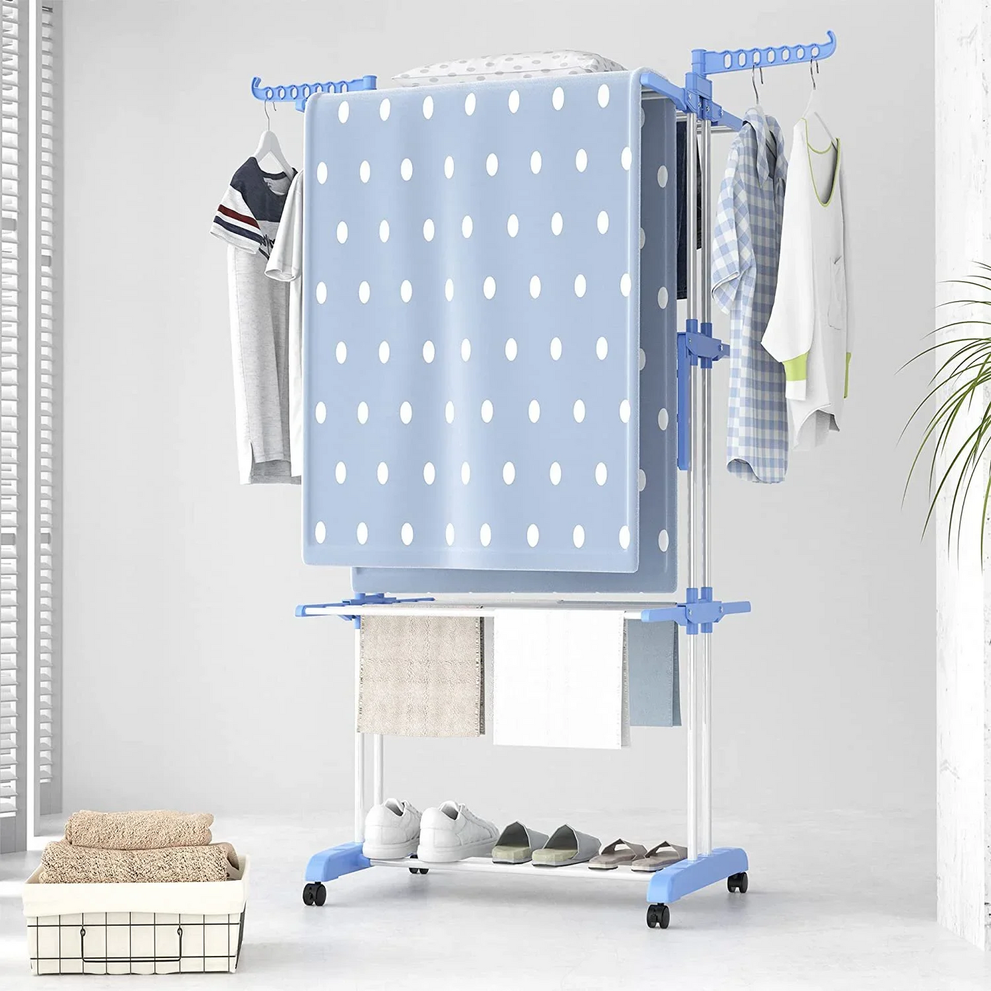 Clothes Drying Rack, 4-Tier Foldable Drying Rack for Clothes, Portable Laundry Rack with Wheels Indoor Outdoor Freestanding, Blue