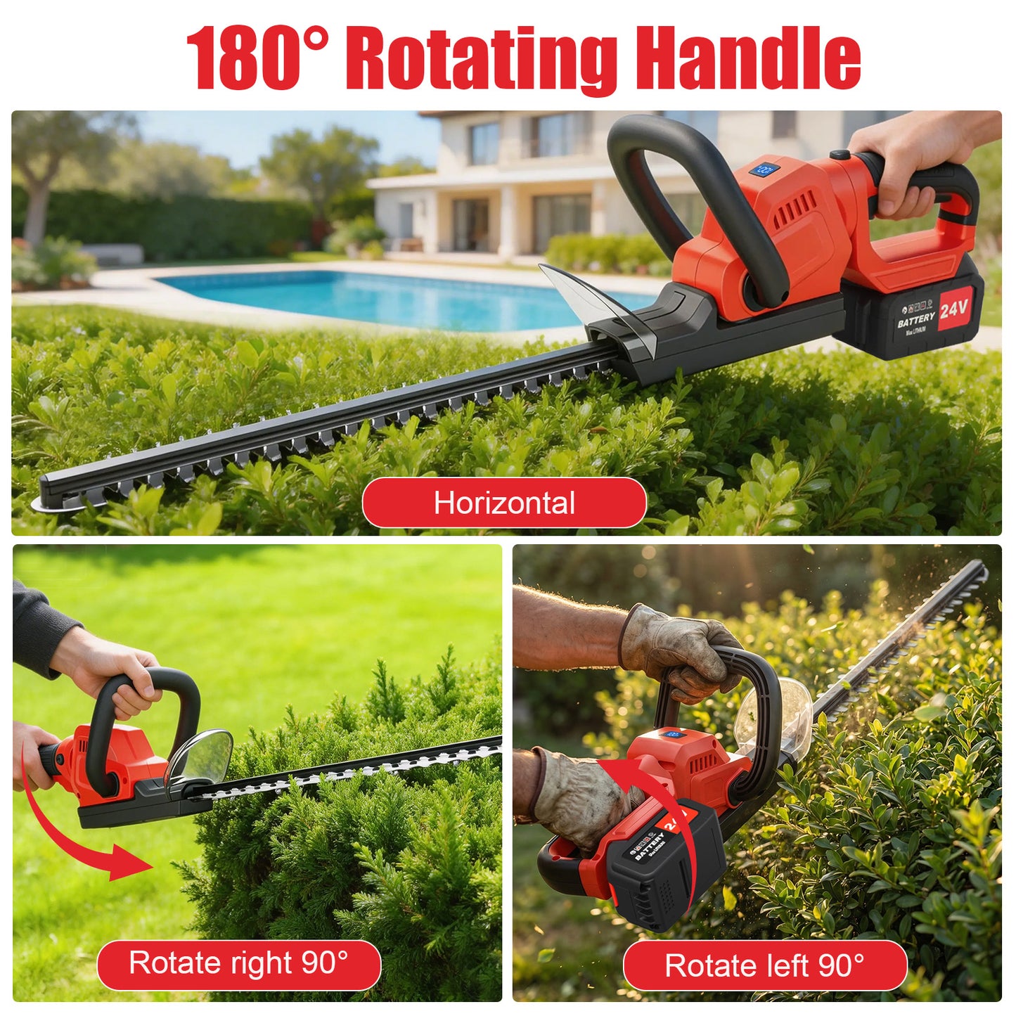 22" Cordless Hedge Trimmer, 21V Electric Hedge Trimmer with 2 x 4000mAh Batteries and Charger, Hedge Trimmer Cordless for Cutting and Trimming Bushes and Shrubs, Red
