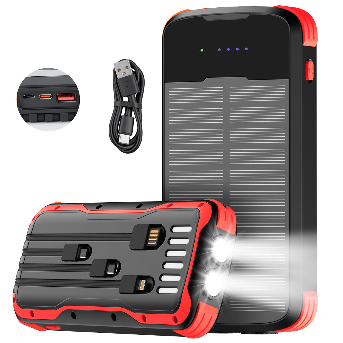 40000mAh Solar Power Bank Red, Portable Charger 20W PD Fast Charging, Solar Charger Power Bank W/4 Built-in Cables & 9 Charging Ways, Waterproof Dual LED Flashlights for Camping Hiking