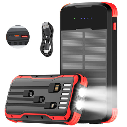 40000mAh Solar Power Bank Red, Portable Charger 20W PD Fast Charging, Solar Charger Power Bank W/4 Built-in Cables & 9 Charging Ways, Waterproof Dual LED Flashlights for Camping Hiking