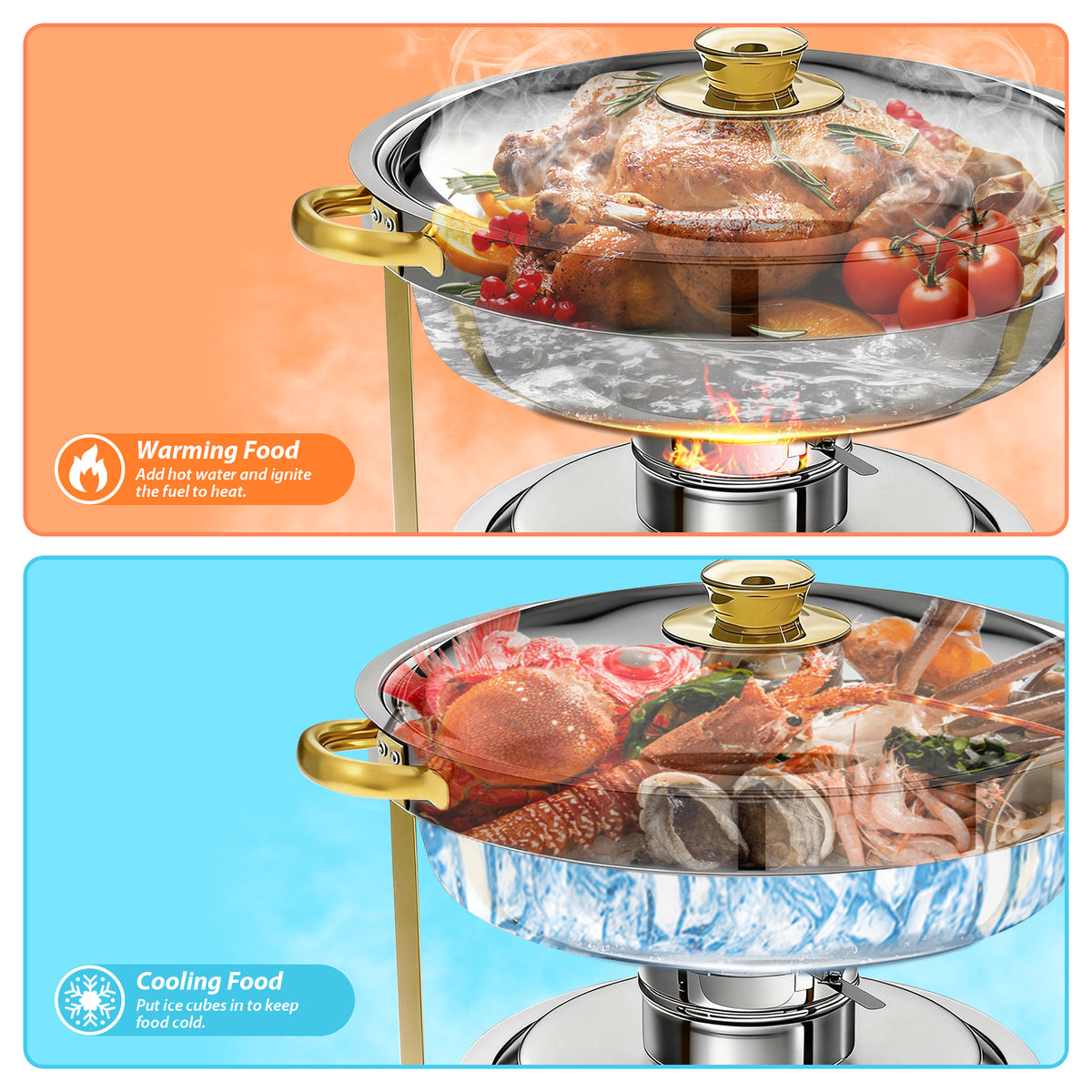 Chafing Dish Buffet Set with 4 Food Tongs, 6 QT Stainless Steel Chafing Dishes Round Buffet Food Warmer Chafers Set for Parties Catering Event, Lid Holder 4PCS